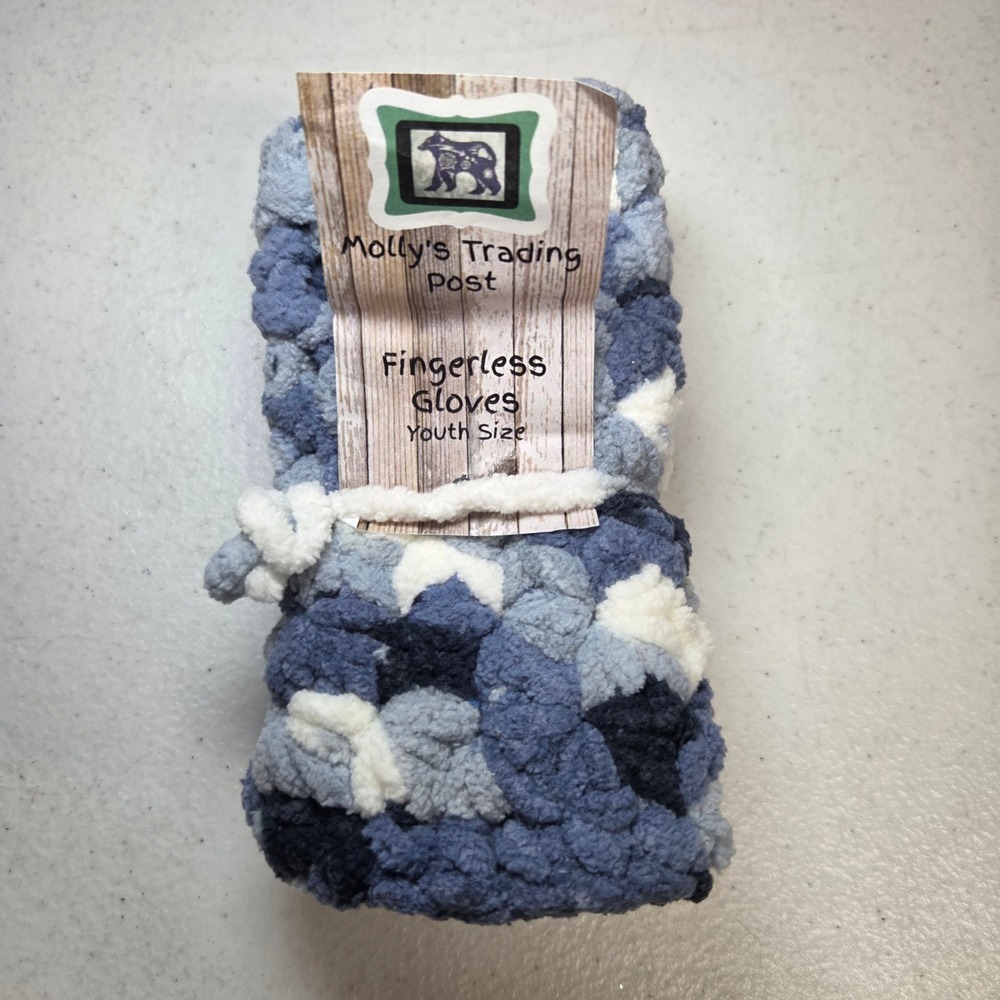 Mollys Trading Post Fingerless Gloves Youth Blue Camo Crochet Soft